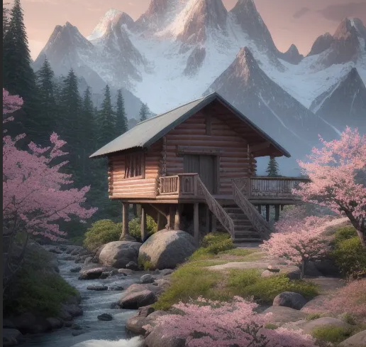 cabin situated at the top. There is also a river flowing down the mountainside, and along the riverbank, there are pink blossoms or flowers