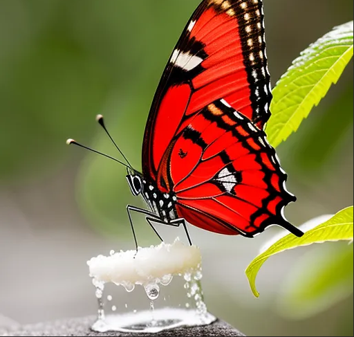 A big splash of water falling on the red cherry with cute butterfly flying